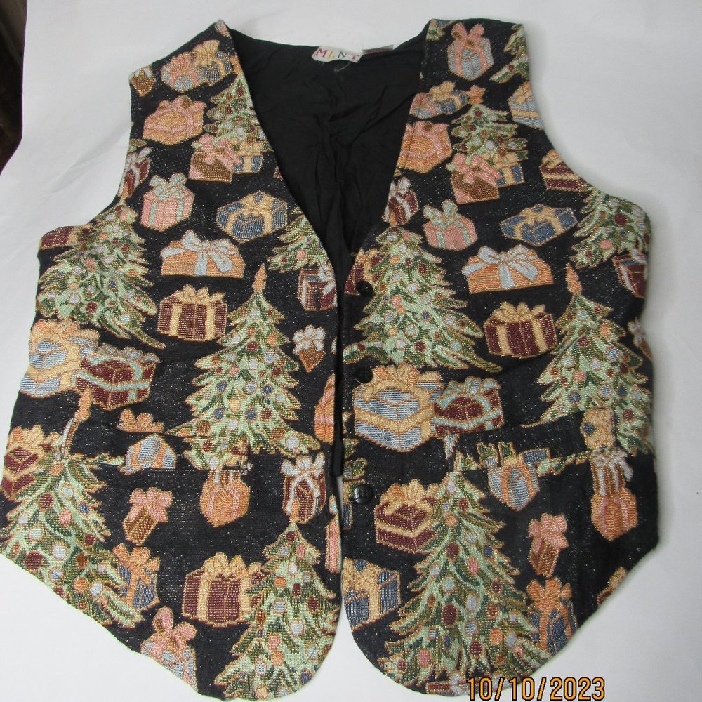 Vtg MLNY Christmas Vest Womens Lg Christmas Tree Button Up Black Retro Unique